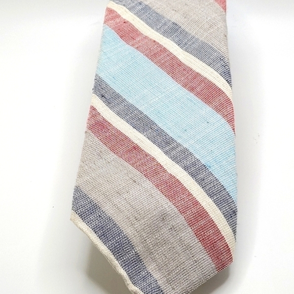 Red White & Blue Stripes Linen Blend Men's Tie - Picture 1 of 7